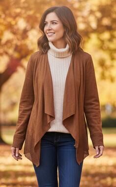 Chico's 2 Woman 12 Large Brown Faux Suede Drapey Flowy Perforated Detail Jacket